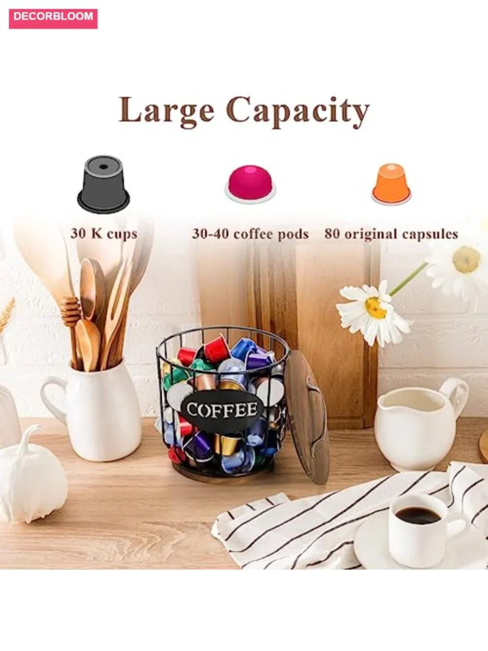 Large Capacity Coffee Pod Holder with Rustic Wooden Lid and Base, Metal Wire K